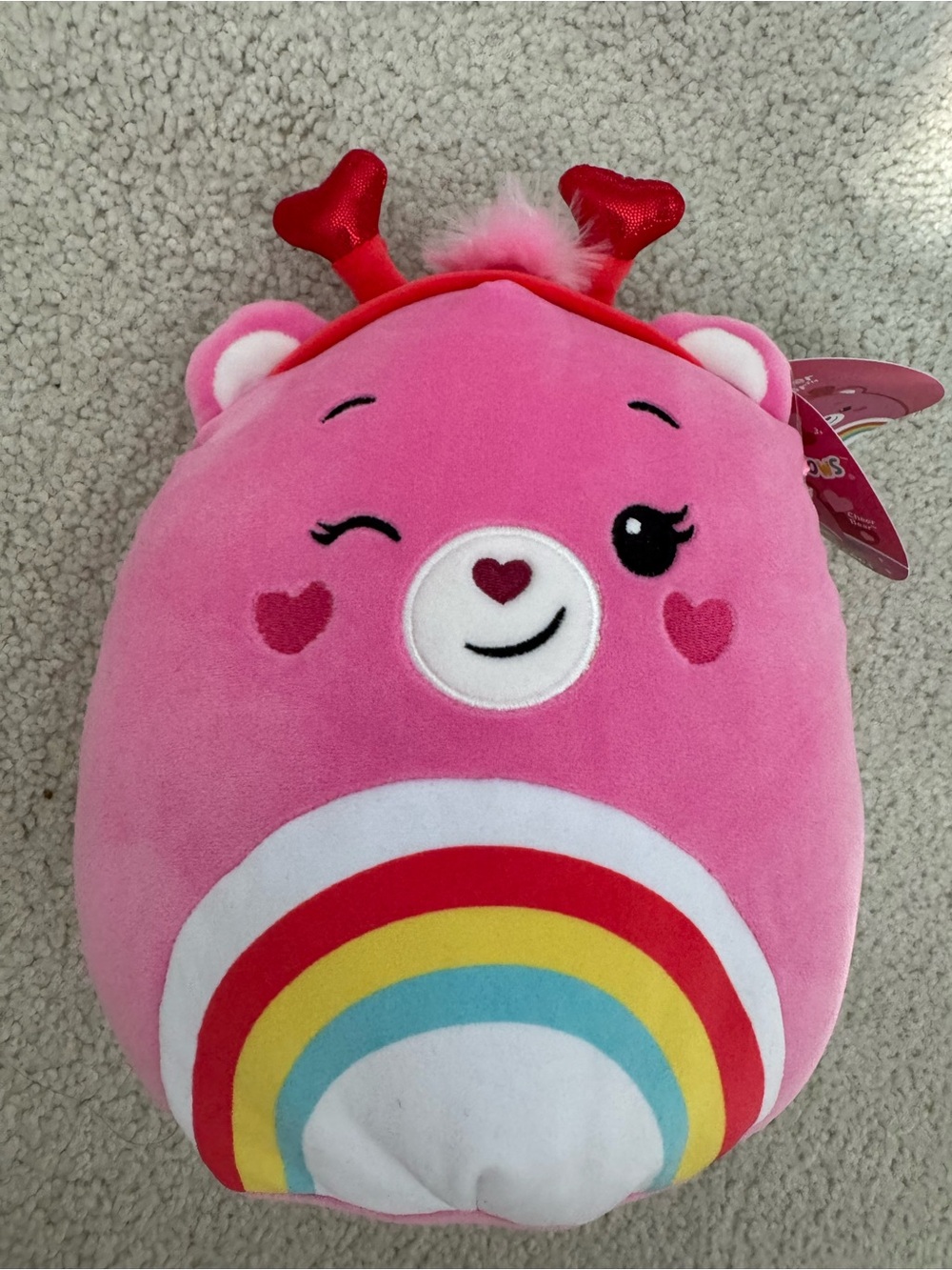 Pink Rainbow Heart Plush Toy - Cute Winking Bear Squishmallow